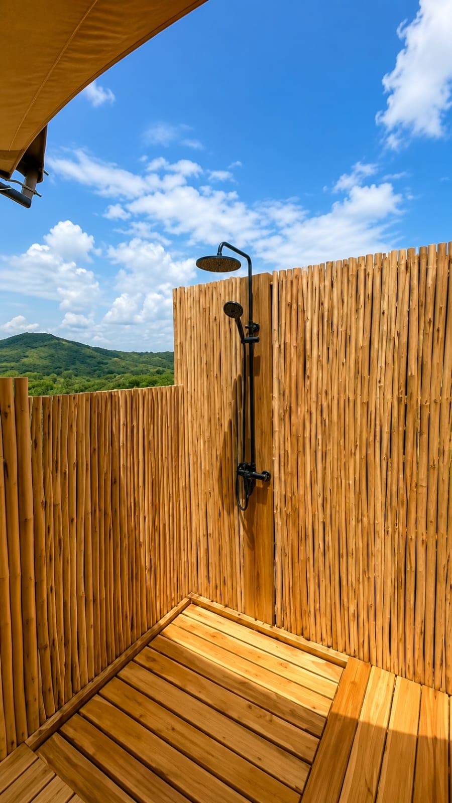 Open-air bamboo rain shower under the African sky, Rungwa North Tanzania