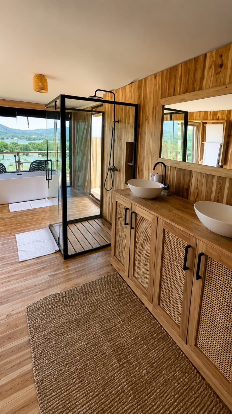 Twin-vanity ensuite bathroom with glass shower and hardwood finish, Rungwa North